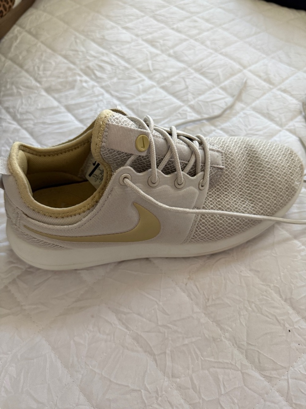 Nike Women’s Cream Mesh Athletic Sneaker with Gold Swoosh